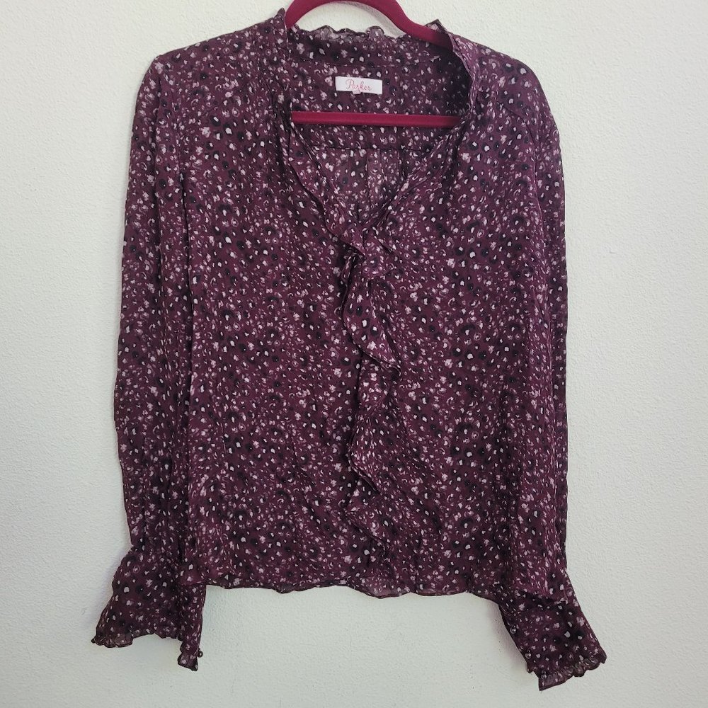 Parker Tilly Printed Ruffle Combo Blouse Sz M Dark Burgundy - Picture 2 of 10